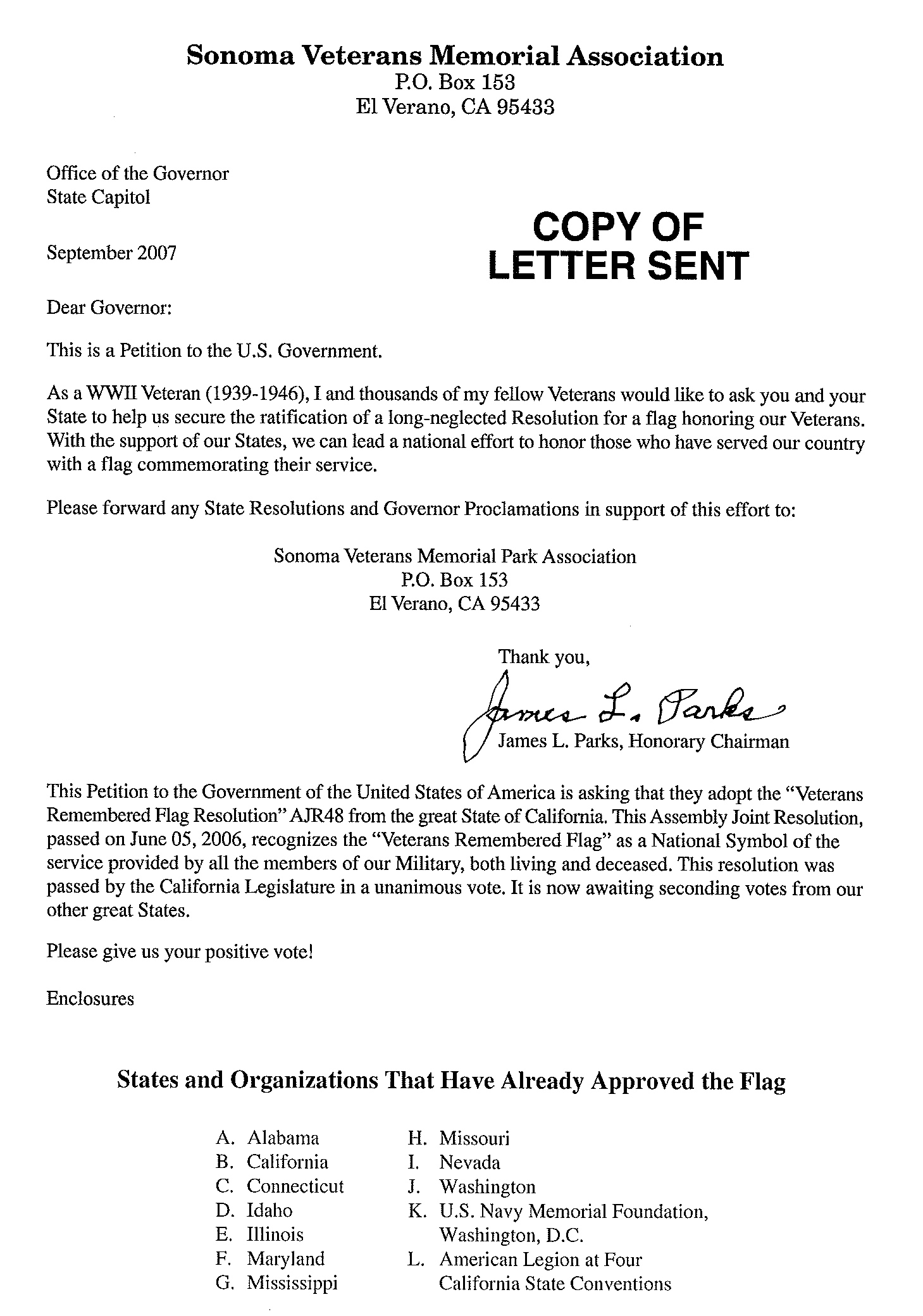 Petition to the States Letter